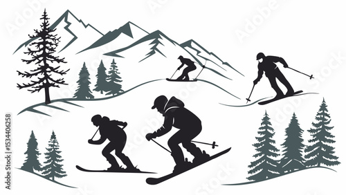 Skiing winter sports mountain landscape skiers on snow outdoor recreation active lifestyle winter season trees silhouette