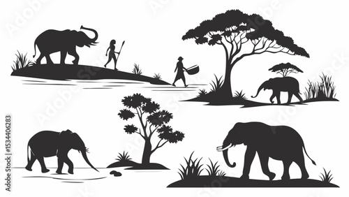African elephants, savanna trees, and tribal people silhouettes. Wildlife, nature, and safari collection.