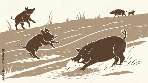 Wild boars family running and playing in the mud. Cute piglets and adult wild pigs in nature forest illustration.