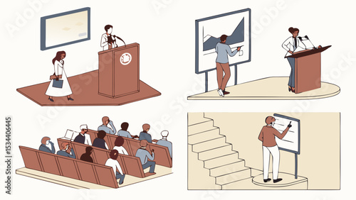 Business presentation, public speaking, conference, seminar, training workshop. Presenters, speakers, and audience attending.