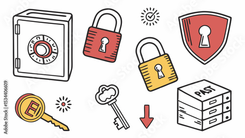 Business Data Security and Privacy Icons. Locks, keys, safe, shield, and archive boxes for information protection.
