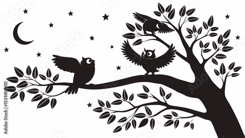 Night owls silhouette on tree branch under moon and stars. Peaceful nocturnal wildlife scene in nature.