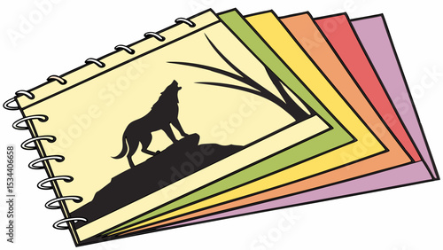Spiral bound sketchbook with howling wolf silhouette on open page and stacked colorful pages. Creative art illustration.