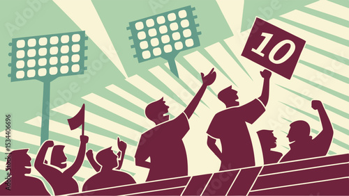 Enthusiastic crowd of fans cheering at a sports stadium event with bright floodlights and a perfect 10 score.