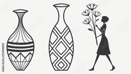 Black and white line art illustration of decorative vases with geometric patterns and woman silhouette holding flowers.