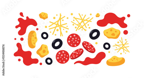 Diverse Food Ingredient Mix For Delicious Pizza Preparation An Unhealthy Dish Concept