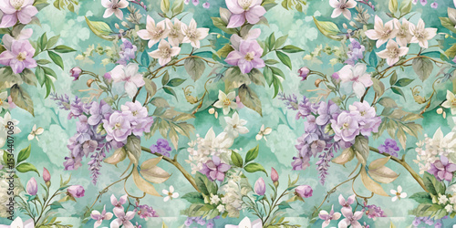 A vibrant floral pattern featuring delicate blossoms in hues of purple and white.