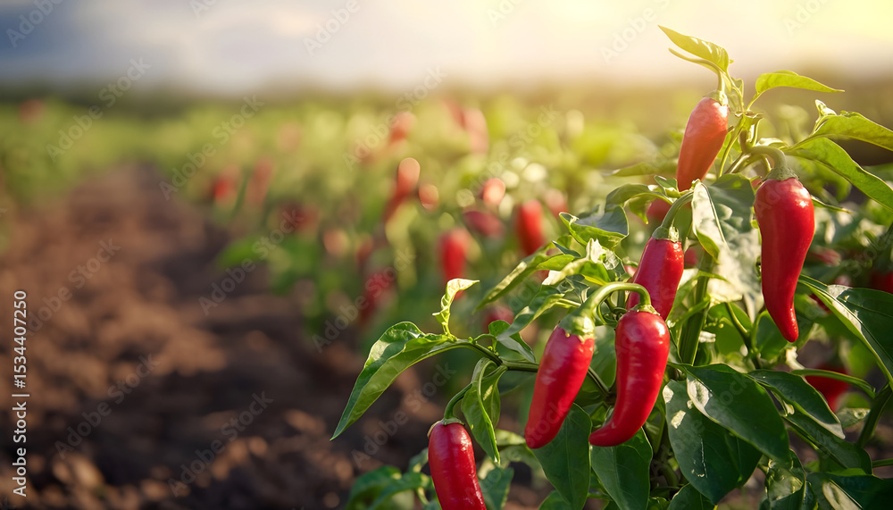 Obraz premium Red chili peppers growing in field. Fresh ripe chili harvest, organic farming. Spicy vegetable, food ingredient. Agriculture farm, summer season, healthy plant, nobody, vegetarian food