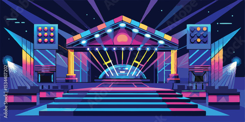 Colorful modern stage with dramatic lighting prepared for a live music performance or event