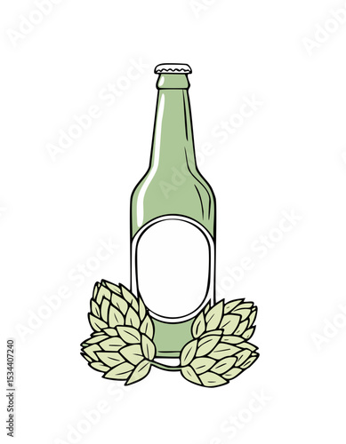 Craft Beer Bottle with Hops Illustration – Minimalist Vector for Brewery Branding and Label Design