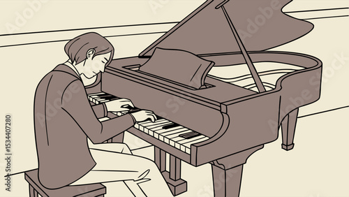 Man playing grand piano. Male musician practicing music. Pianist performing on a musical instrument. Art illustration.