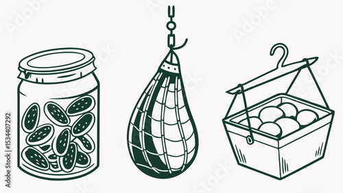 Food preservation methods including pickled cucumbers, cured meat, and farm fresh eggs in a basket. Traditional homemade food storage.