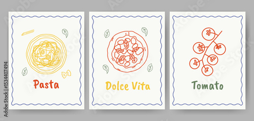 Hand drawn Italian food poster set. Spaghetti pasta bowl, Margherita pizza, cherry tomatoes. Cute minimalist kitchen wall art. Vector flat doodle illustration.