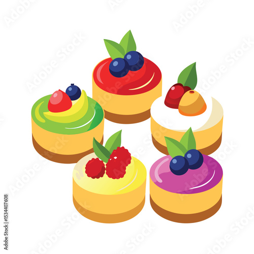Colorful Mini Cheesecakes Assorted Berry Toppings Sweet Dessert Treats vector
