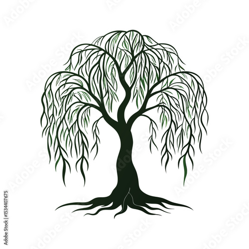 Dark Green Weeping Willow Tree Line Drawing Illustration Botanical Nature Art Graphic Design Element