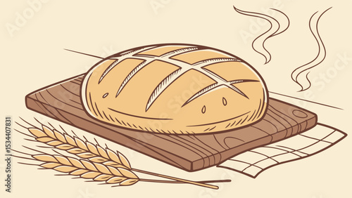 Freshly baked bread loaf on wooden board with wheat ears. Rustic homemade food. Bakery still life drawing.