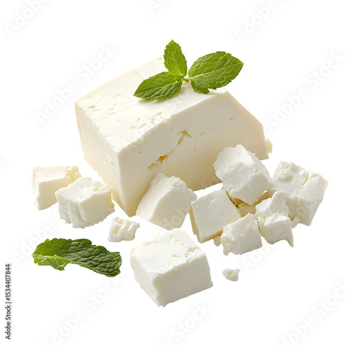 Fresh feta cheese cubes with mint leaves isolated on black background