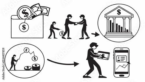 Money management, banking, and business finance illustration. People saving, investing, and using digital financial apps.