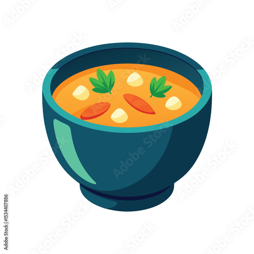 Teal Bowl of Orange Soup with Carrots Garlic and Parsley Cartoon Illustration green