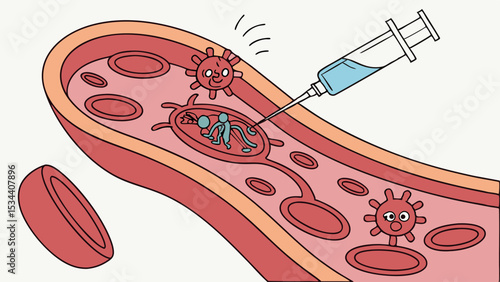 Syringe injecting medicine into a viral infection in the bloodstream. Healthcare, immunity, disease, treatment, vaccine concept.