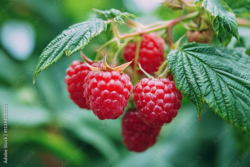 Ripe red raspberries growing on a bush in the garden Ripe red raspberries growing on a bush in the garden
