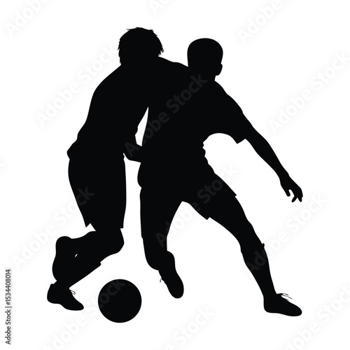 Silhouette of two soccer players in competition, one tackling the other for the ball, isolated vector 