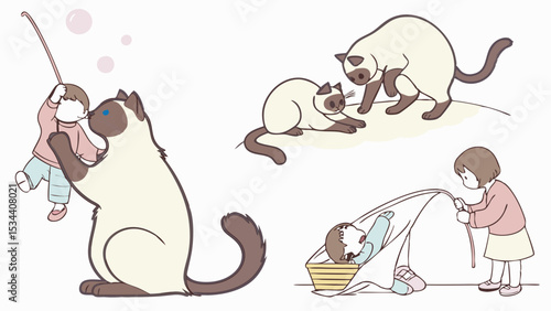 Cute cat and child playing together adorable kid and pet friendship at home happy domestic life moments