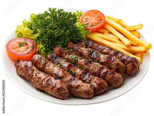 Delicious cevapi with french fries and fresh vegetables served on white plate