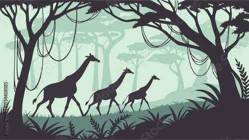 Giraffes walking in silhouette through a wild jungle forest. African safari animals in nature landscape background.