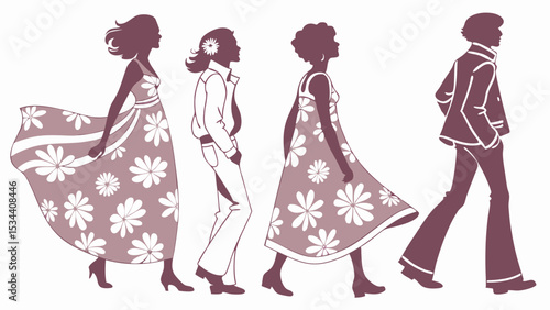 Vintage 60s 70s fashion people walking. Retro style group of young adults strolling in floral dresses and bell bottoms.