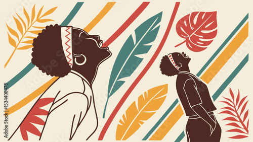 African American women looking up, tropical leaves and stripes. Hope, freedom, nature, diversity, empowerment, wellness illustration.
