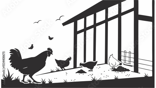 Farm chickens and rooster with a chicken coop in a rural setting. Free range poultry livestock outdoors on an organic farm.