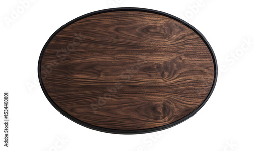 Elevated perspective of a dark, round wooden tray with striking grain detail