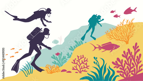 Group of scuba divers exploring a beautiful vibrant coral reef underwater. Ocean adventure, marine life, and tourism.