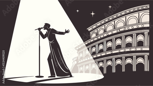 Elegant singer on stage in spotlight with microphone, classic opera house background. Black and white music concert.