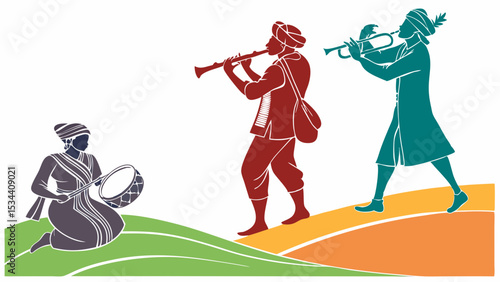 Traditional folk music band playing instruments. Cultural celebration with musicians. Vector illustration.