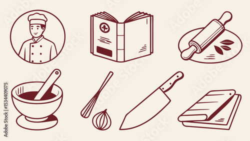 Chef cooking kitchen tools line art icons set. Food preparation, recipe, and culinary utensils collection.
