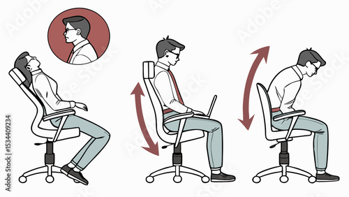 Man showing different sitting postures in office chair, good and bad ergonomics for healthy spine and comfort at work.