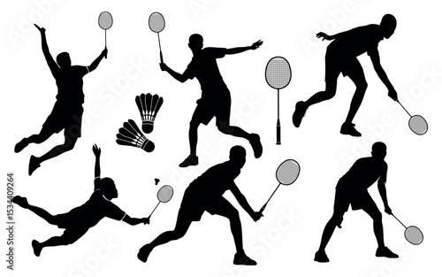 Vector art of dynamic badminton players in action, isolated on white background, a vector illustration showcasing powerful silhouettes and swift movements