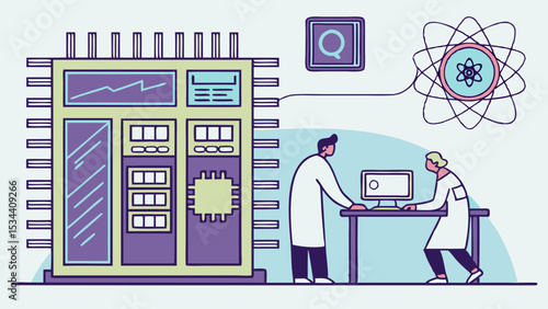 Researchers analyzing data on a large computer server. Science and technology development, AI and big data research illustration.