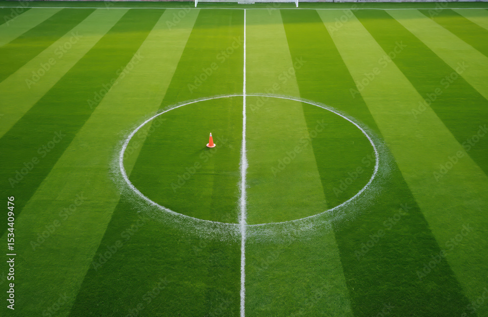 Obraz premium Soccer pitch with painted white lines. Green grass field, center circle, orange cone. Football arena, goal, game. Sports background, training, match. Top view, aerial photo.