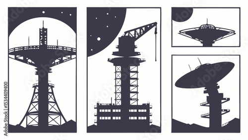 Futuristic radio telescope and communication tower silhouettes. Space science, technology, and research vector illustrations.