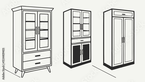 Three different furniture cabinets line art illustration. Modern home storage cupboard designs. Display, wardrobe, and kitchen units.