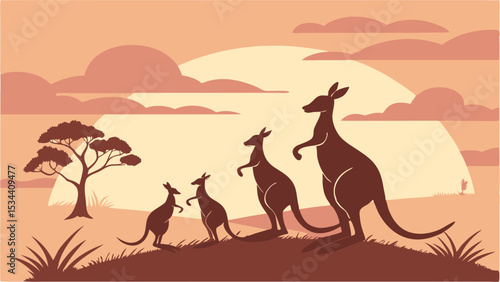 Australian kangaroo family silhouette at sunset or sunrise. Wildlife nature landscape in the outback desert.