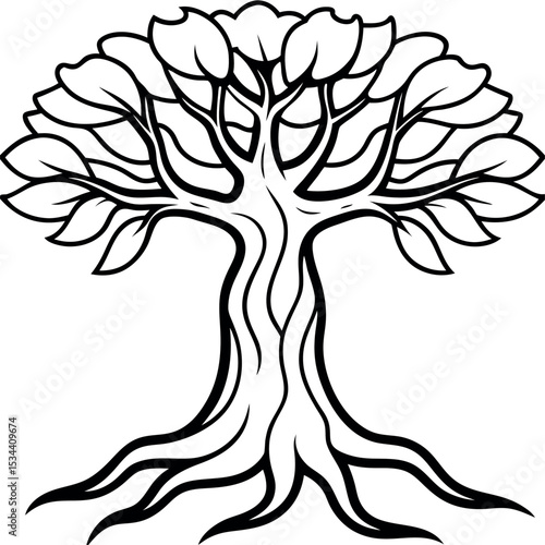 Black and White Banyan Tree Line Art Detailed Root System 1