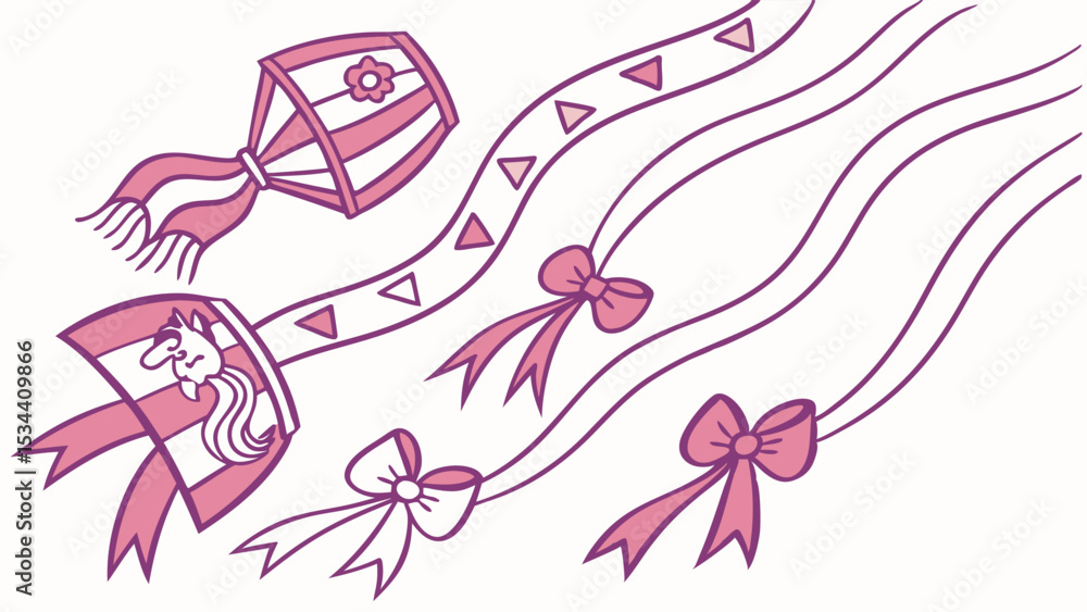Fototapeta premium Cute pink and purple flowing ribbons, bows, and decorative elements. Whimsical illustration for festive design projects.