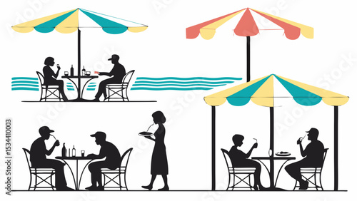 Outdoor dining restaurant cafe with people silhouettes under umbrellas. Summer leisure, patio lifestyle, waiter service.