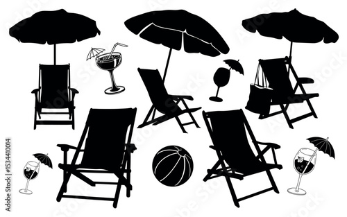Vector art of a collection of beach chair silhouettes, umbrellas, and cocktails, isolated on white background
