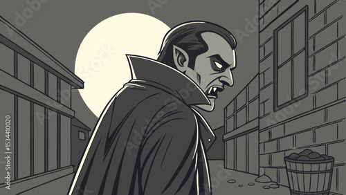 Vampire monster character illustration. Spooky Halloween horror night scene. Classic creepy creature on dark street with full moon.