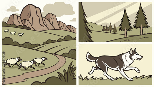 Wolf chasing sheep in a green field with mountains. Wild animal predator and farm animal prey in natural outdoor scene.
